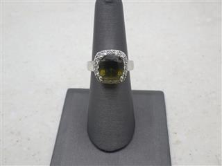 S925 Cushion-Cut Peridot Halo Ring, Sz: 7, 6.9 G, Markings: KL 925